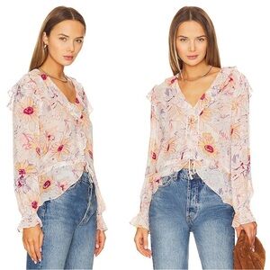 PAIGE Dorit Floral Print 100% Silk Georgette Long Sleeve Sheer Blouse Large NEW